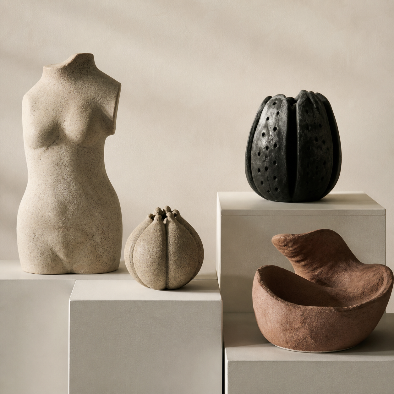 Organic ceramic sculptures on gallery plinths