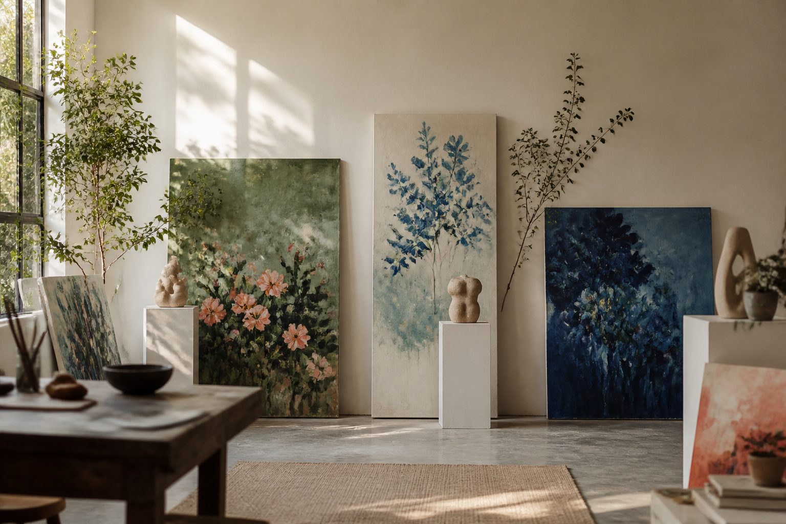 Studio wall with botanical paintings and sculptures